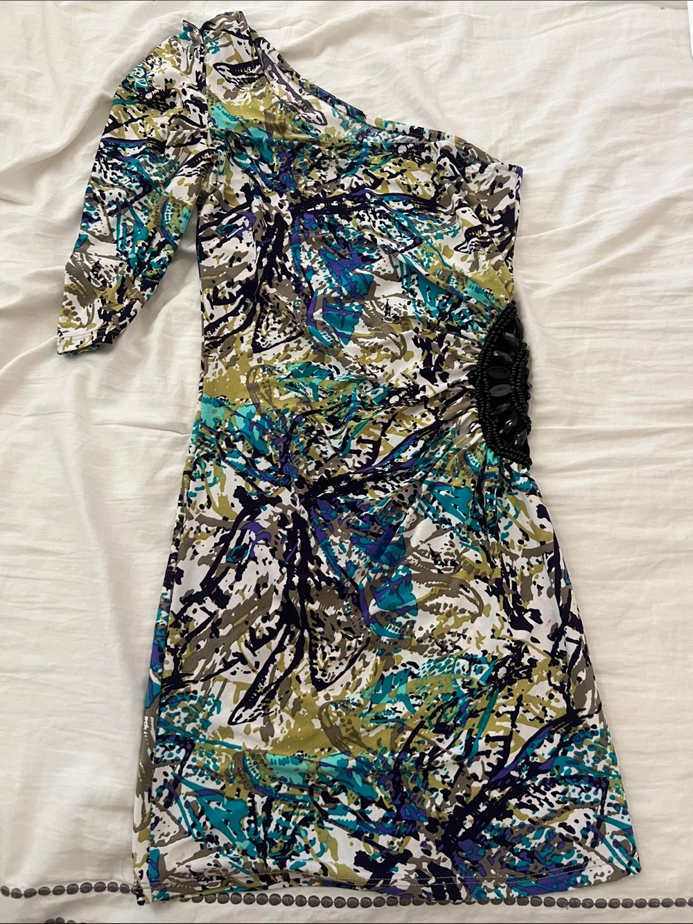 One-Shoulder Abstract Print Dress in Teal & Olive